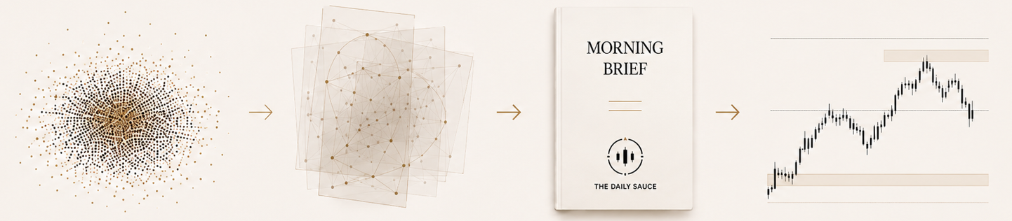 A four-stage visual showing market complexity becoming organized, forming a Morning Brief, and leading to trade execution.